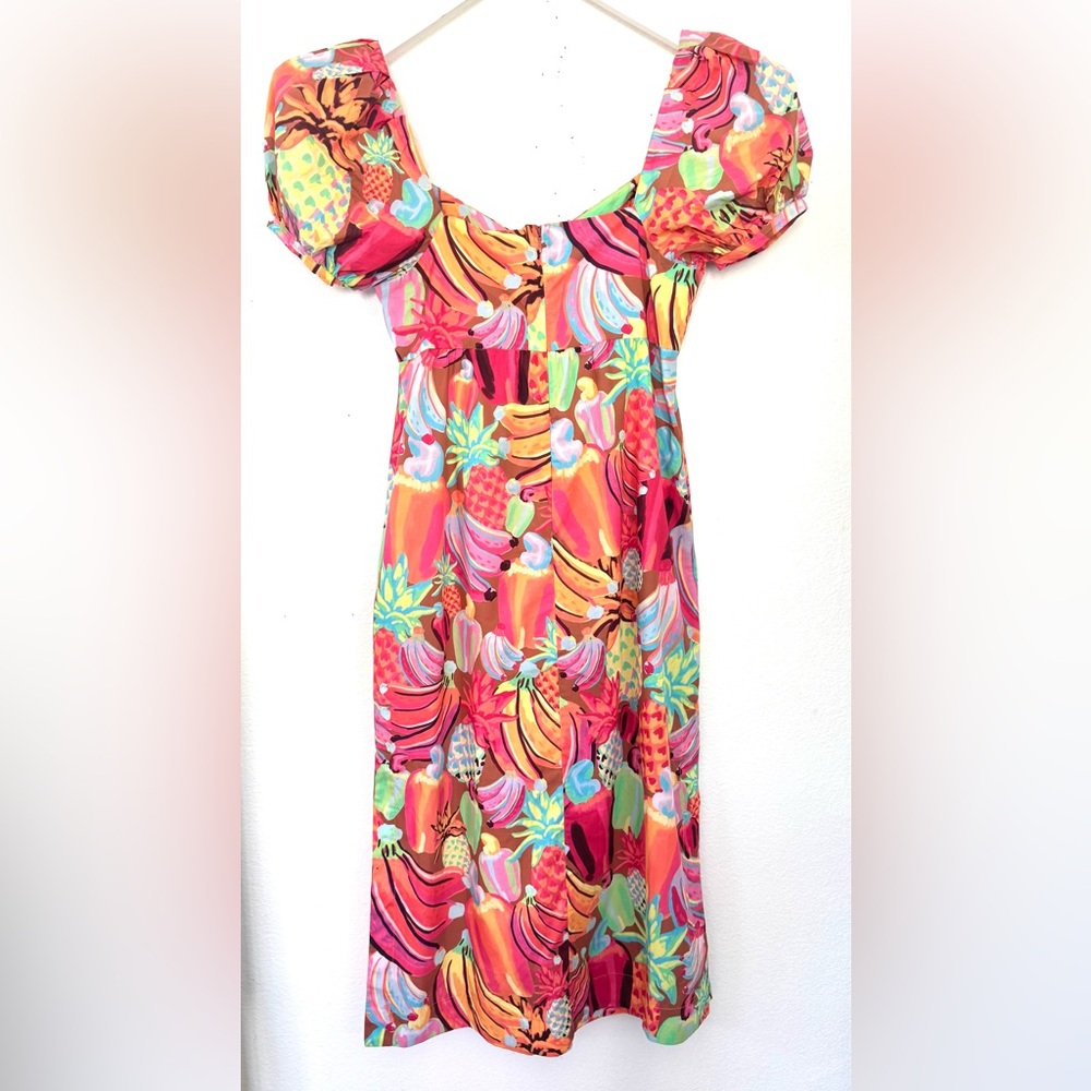 NWT FARM Rio Fruit Salad MIDI Dress Fruit Print with Puff Sleeves Size Large - Picture 16 of 16